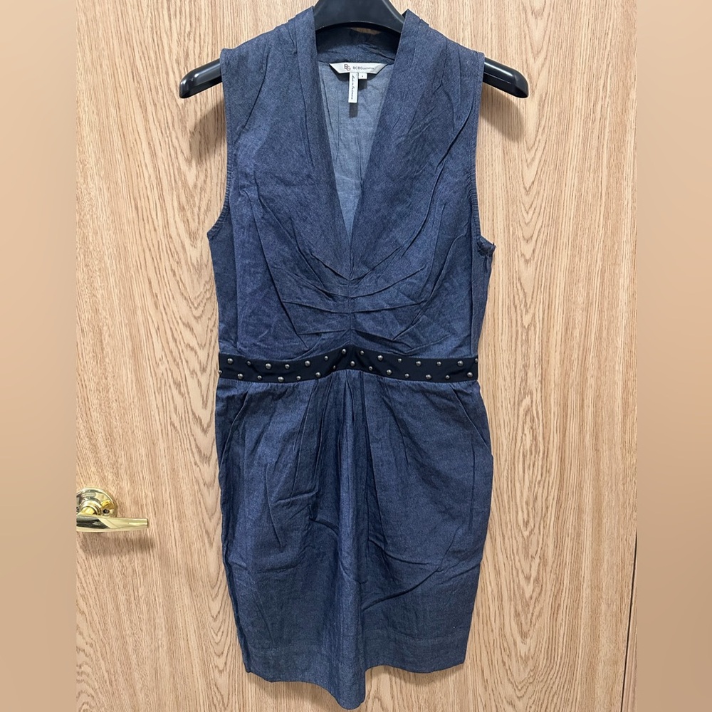 New BCBGeneration Dark Blue Cotton Denim Studded Waist Midi Dress Women’s 4